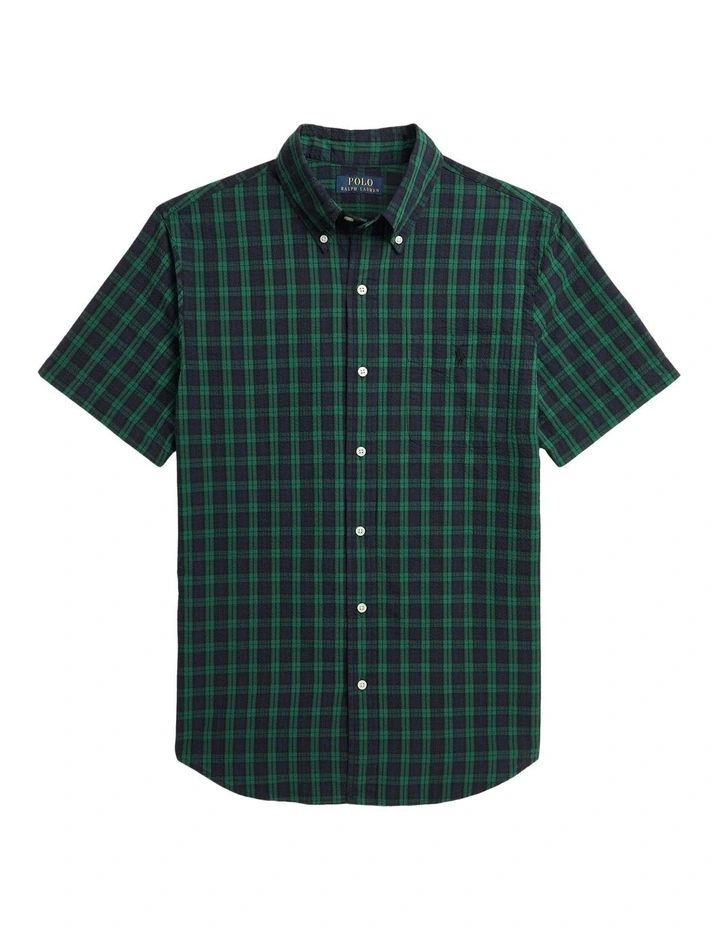 Classic Fit Plaid Seersucker Shirt in Green image 1