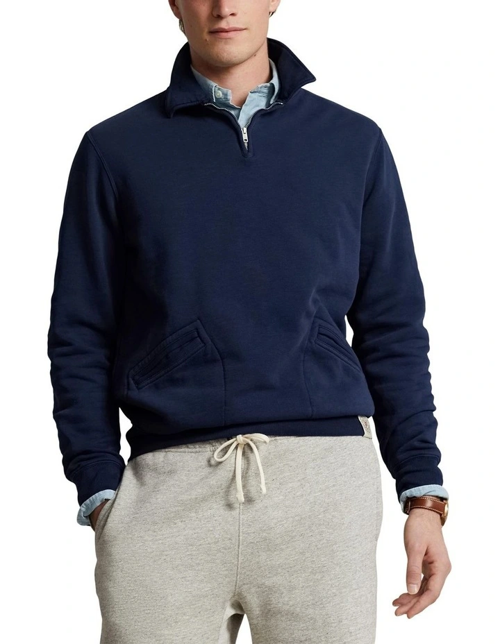Fleece Collared Quarter-Zip Sweatshirt in Navy image 1