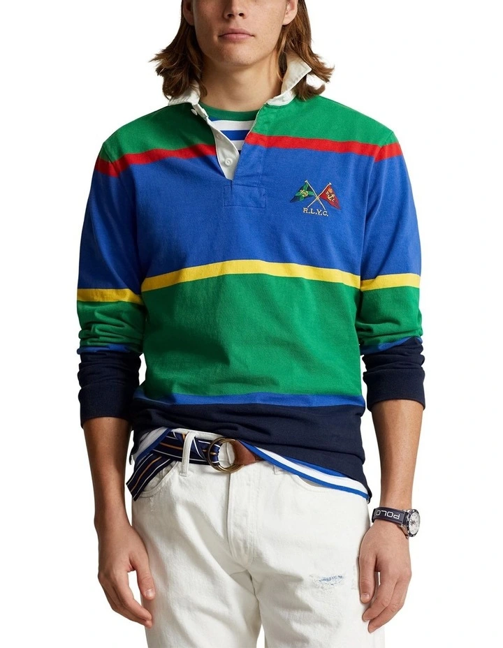 Classic Fit Striped Jersey Rugby Shirt in Green image 1