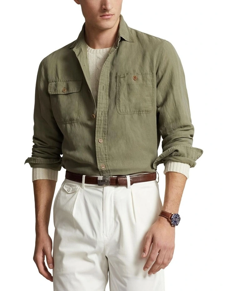 Classic Fit Linen-Silk Twill Workshirt in Green image 1