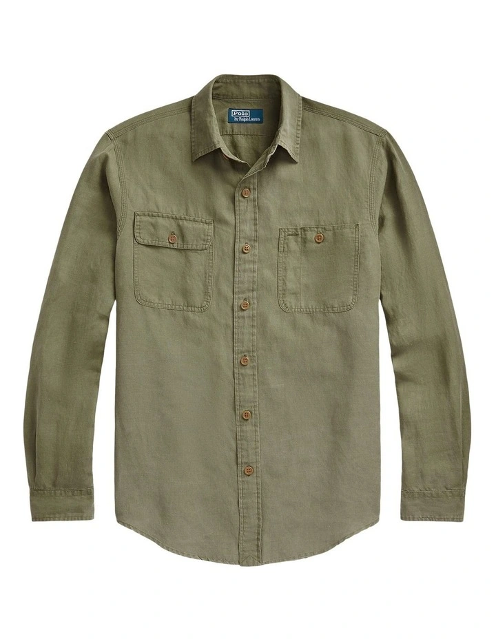 Classic Fit Linen-Silk Twill Workshirt in Green image 4