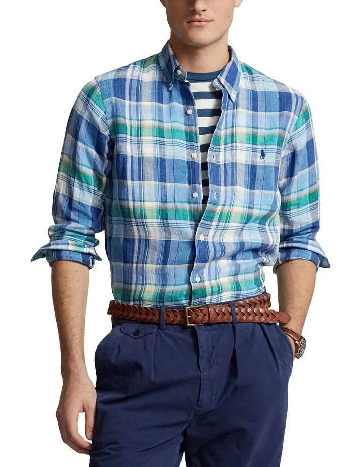 Classic Fit Plaid Linen Shirt in Blue image 1