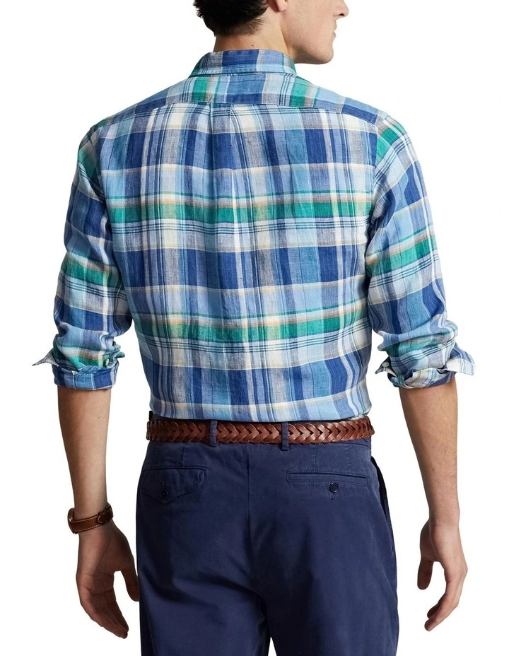 Classic Fit Plaid Linen Shirt in Blue image 2