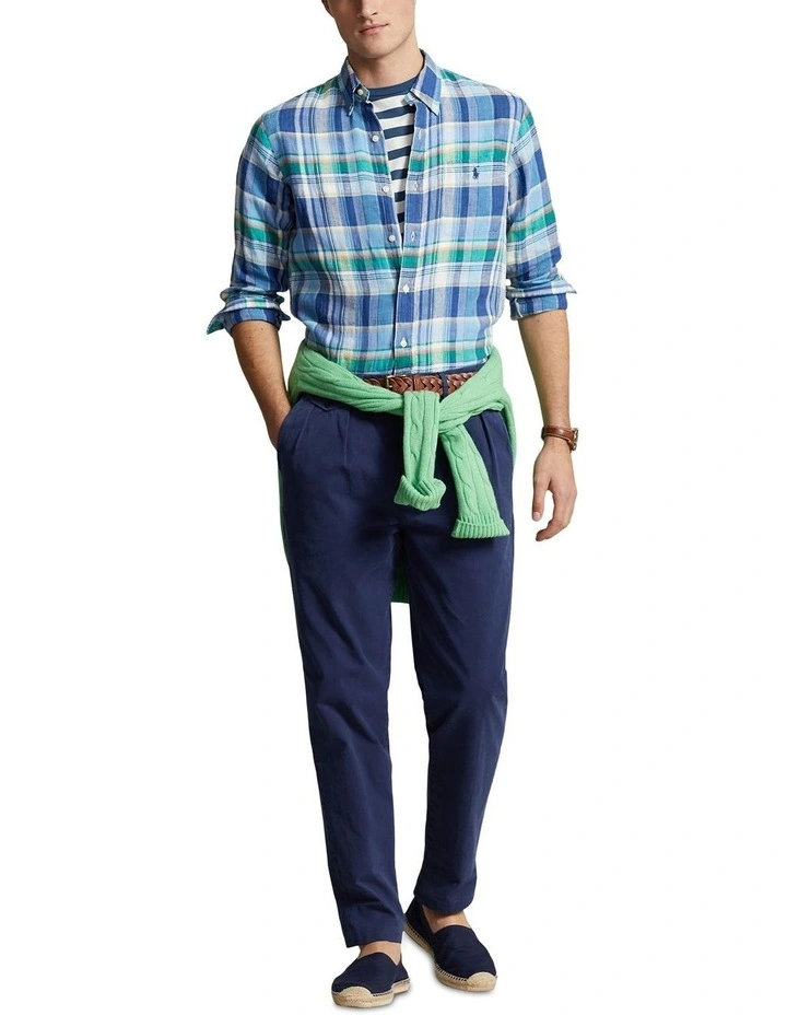 Classic Fit Plaid Linen Shirt in Blue image 3