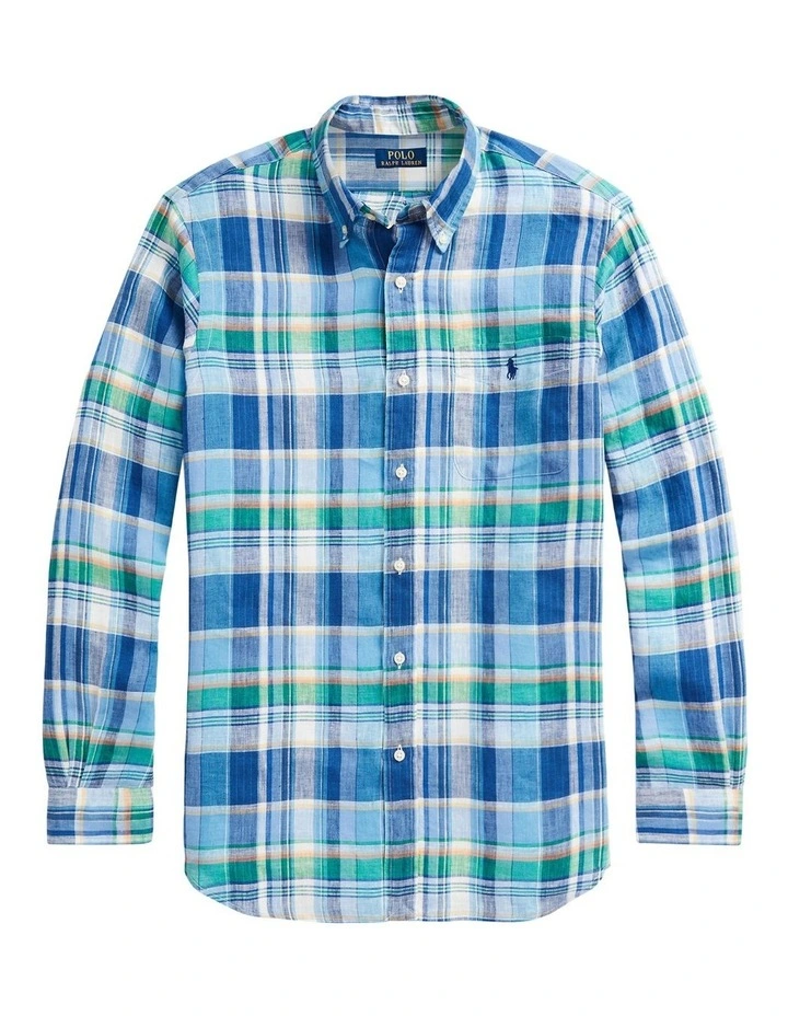Classic Fit Plaid Linen Shirt in Blue image 4