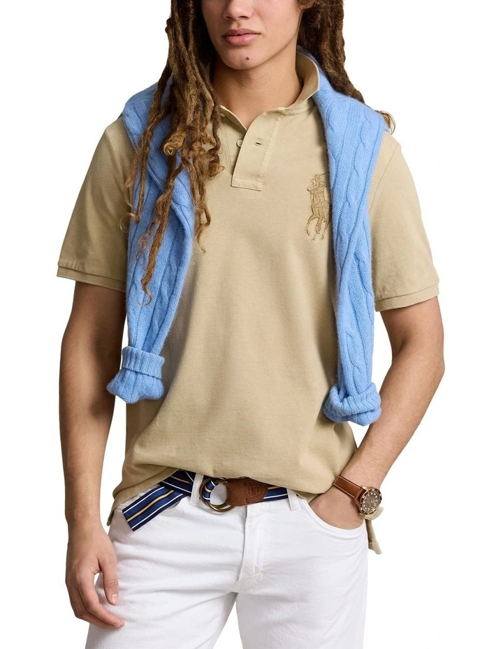 Classic Fit Big Pony Mesh Polo Shirt in Beige image 1