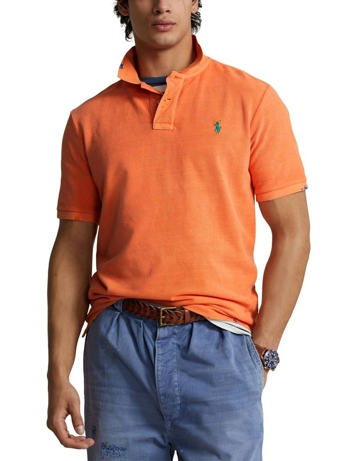 Classic Fit Garment-Dyed Mesh Polo Shirt in Orange image 1