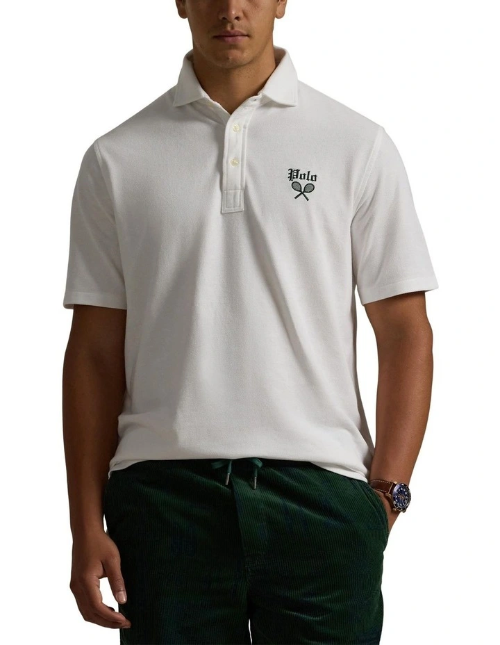 Classic Fit Tennis-Crest Mesh Polo Shirt in White image 1