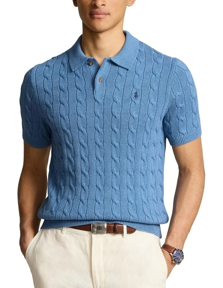 Cable-Knit Cotton Polo-Collar Sweater Shirt in Blue image 1