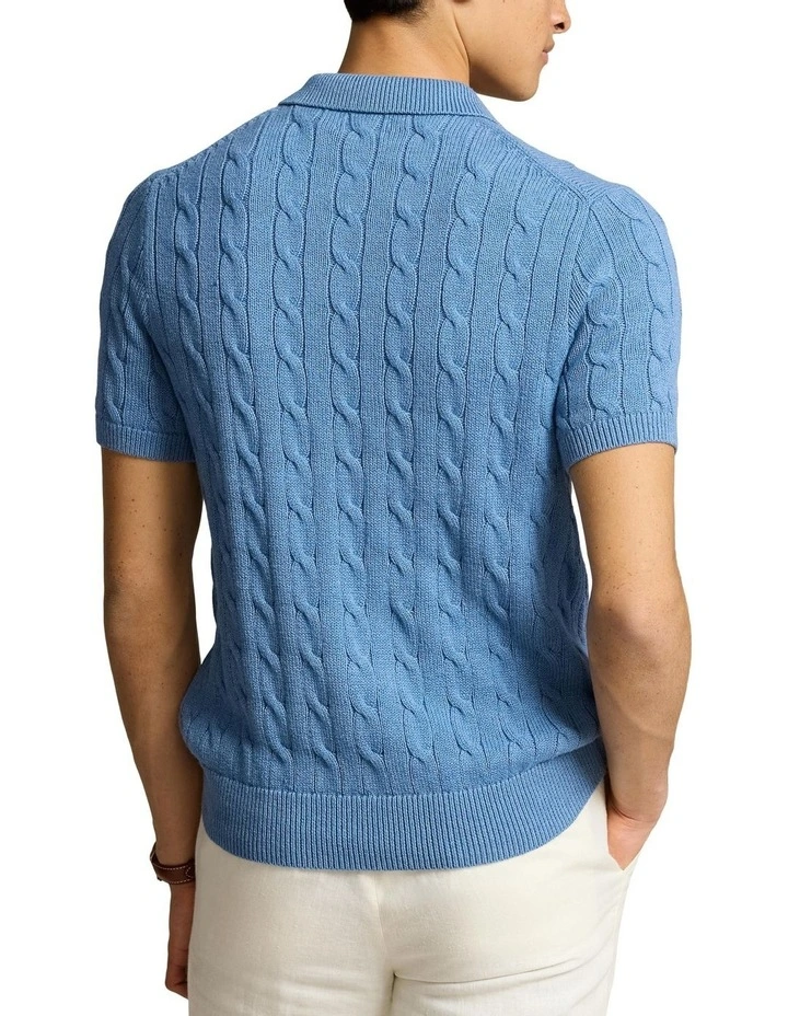 Cable-Knit Cotton Polo-Collar Sweater Shirt in Blue image 2