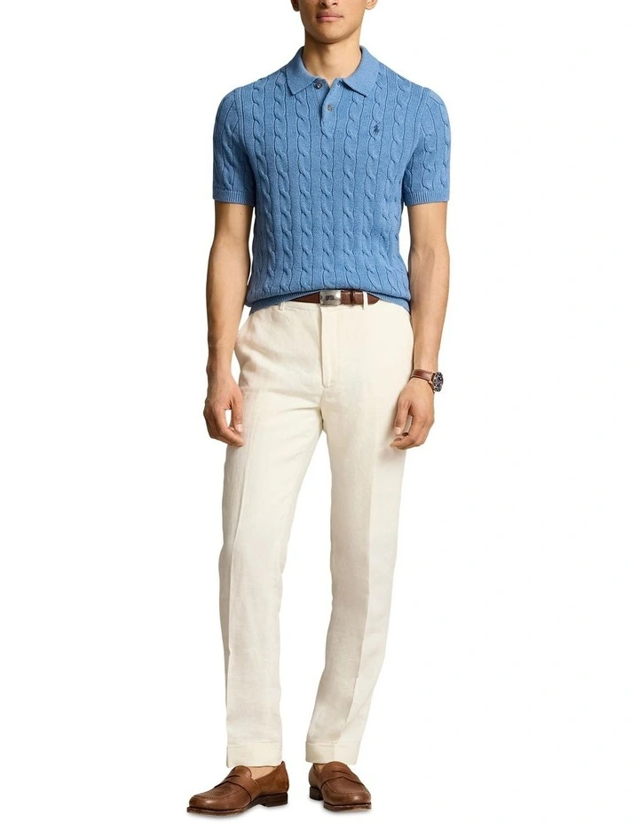 Cable-Knit Cotton Polo-Collar Sweater Shirt in Blue image 3