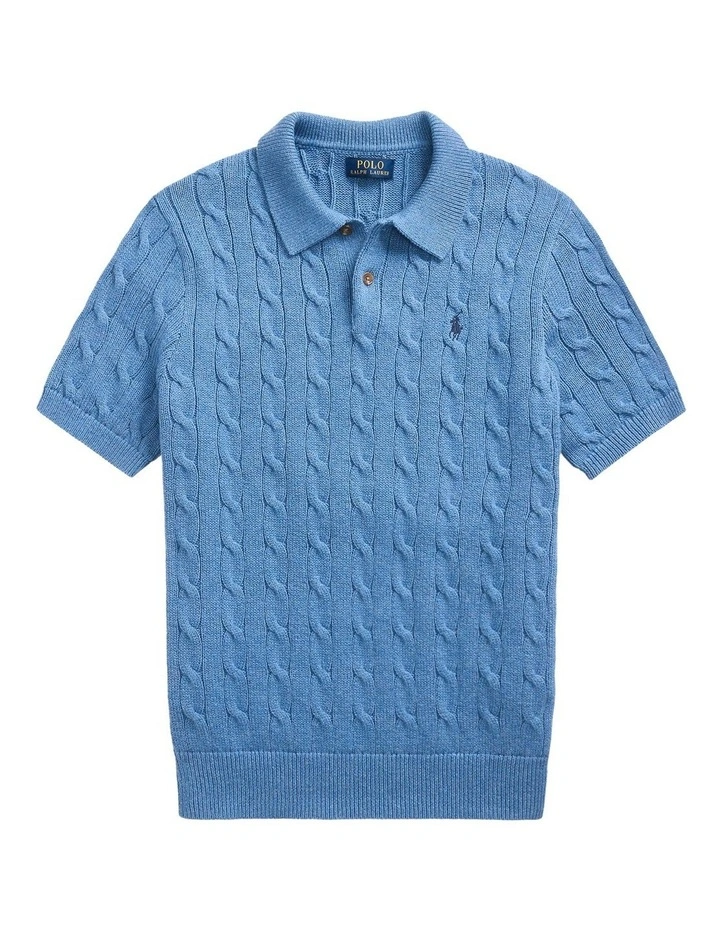 Cable-Knit Cotton Polo-Collar Sweater Shirt in Blue image 4