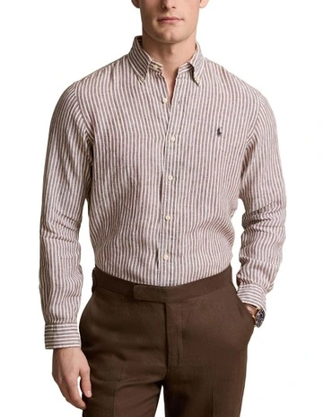 Classic Fit Striped Linen Shirt in Brown