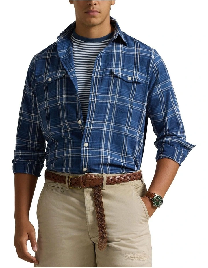 Classic Fit Plaid Linen-Cotton Workshirt in Blue image 1