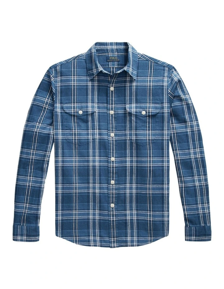Classic Fit Plaid Linen-Cotton Workshirt in Blue image 4