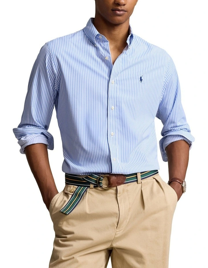 Classic Fit Striped Performance Shirt in Blue image 1