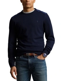 Contrast Panel Wool Crewneck Sweater in Navy