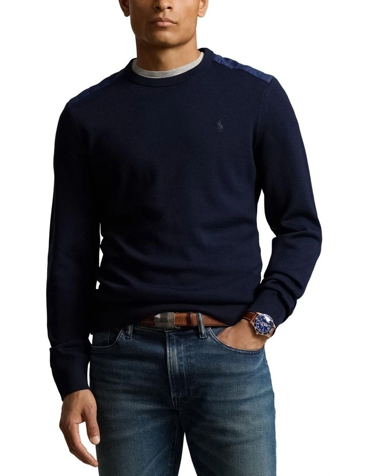Contrast Panel Wool Crewneck Sweater in Navy image 1