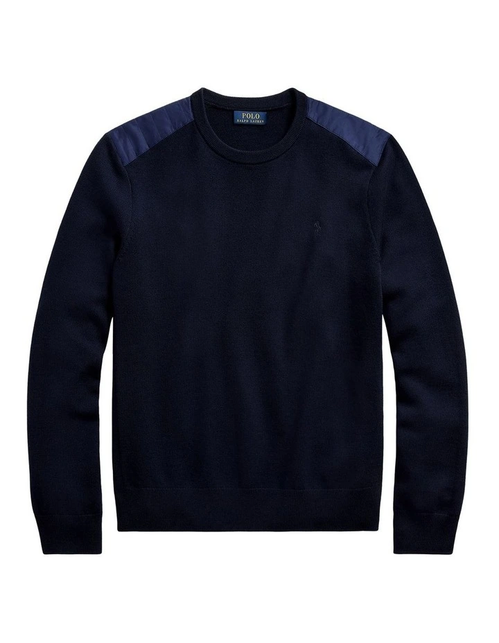 Contrast Panel Wool Crewneck Sweater in Navy image 4