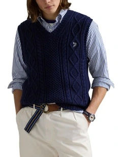 Aran-Knit Cotton Sweater Vest in Blue