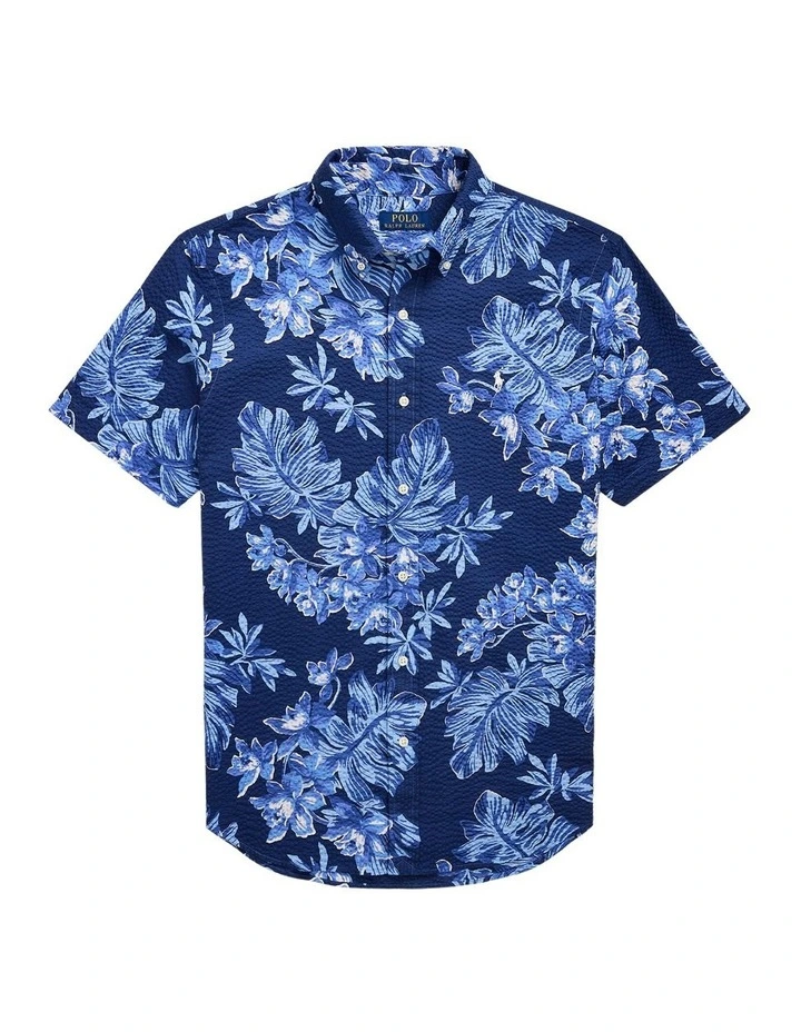 Classic Fit Tropical Seersucker Shirt in Blue image 4