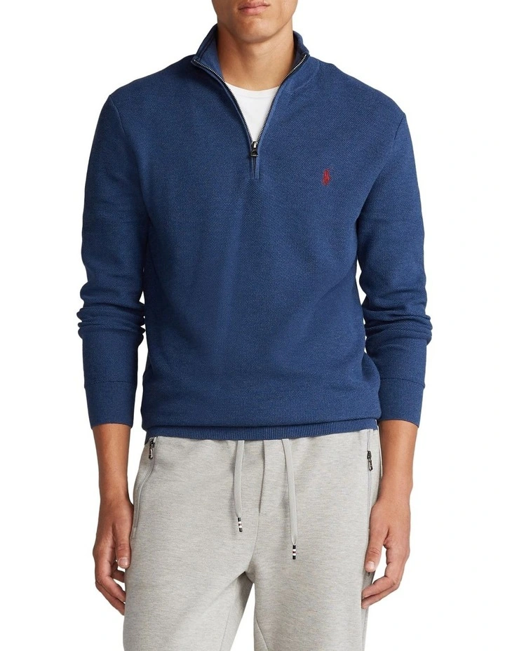 Mesh-Knit Cotton Quarter-Zip Sweater Navy image 1