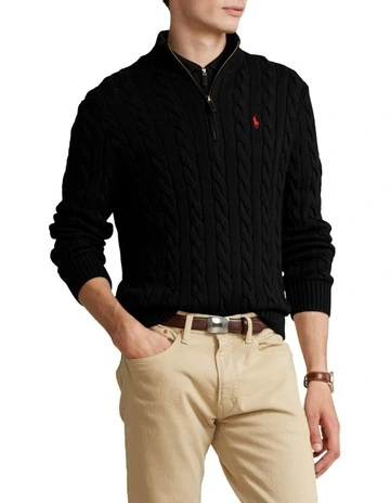 Cable-Knit Cotton Quarter-Zip Sweater Black