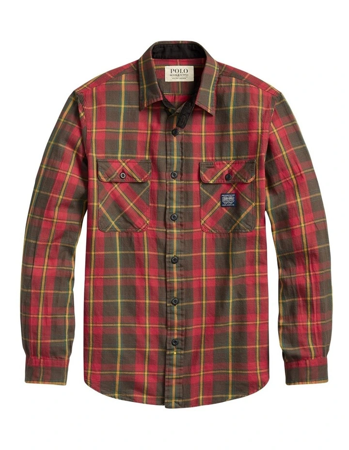 Classic Fit Plaid Flannel Workshirt in Red image 4