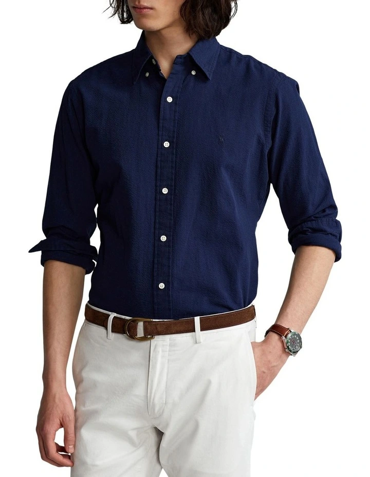 Classic Fit Seersucker Shirt in Navy image 1