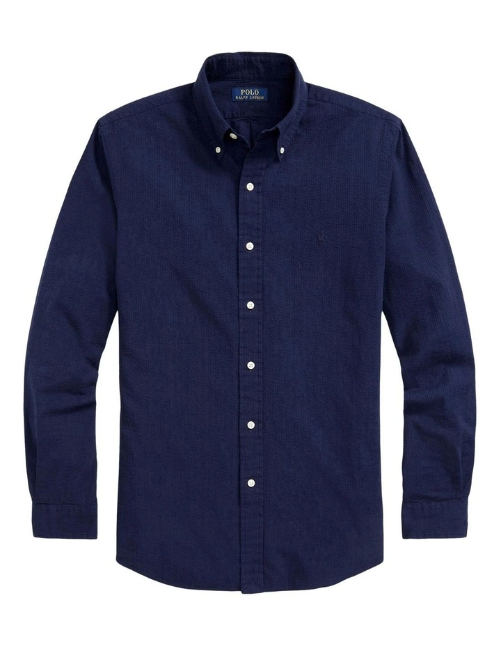 Classic Fit Seersucker Shirt in Navy image 4