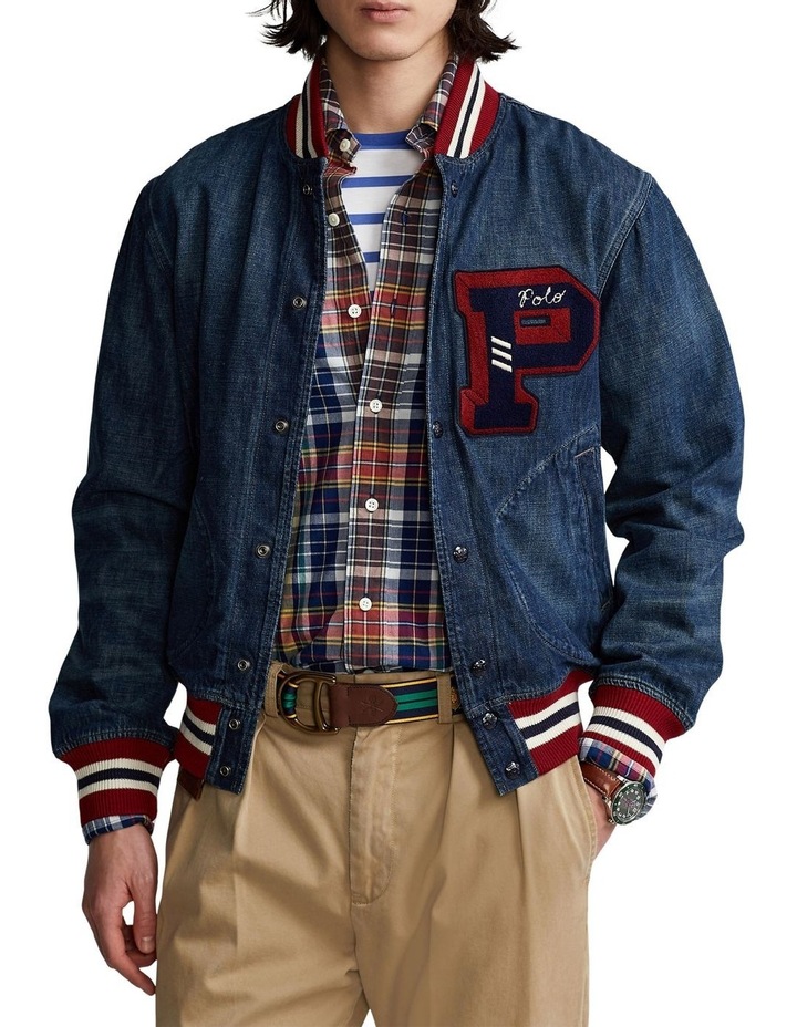 men's washed vintage denim varsity jacket