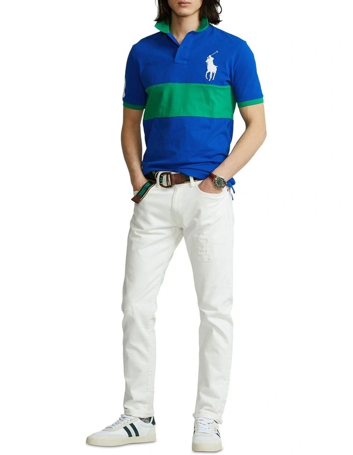 Custom Slim Fit Big Pony Mesh Polo Shirt in Blue/Green image 3