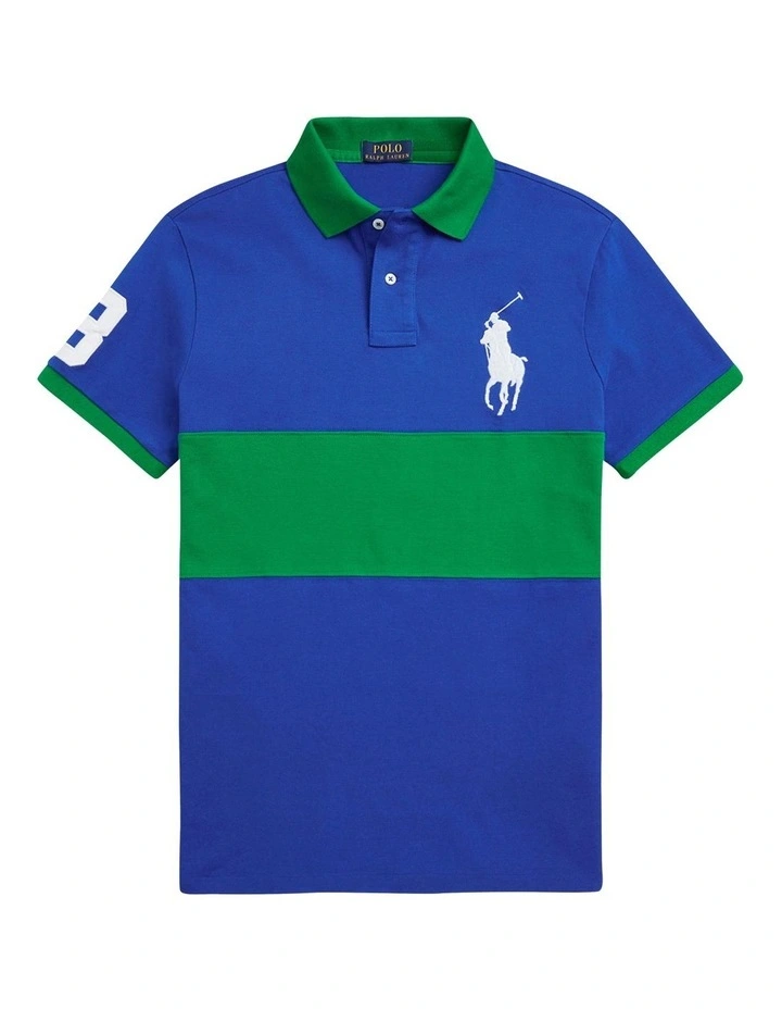 Custom Slim Fit Big Pony Mesh Polo Shirt in Blue/Green image 4
