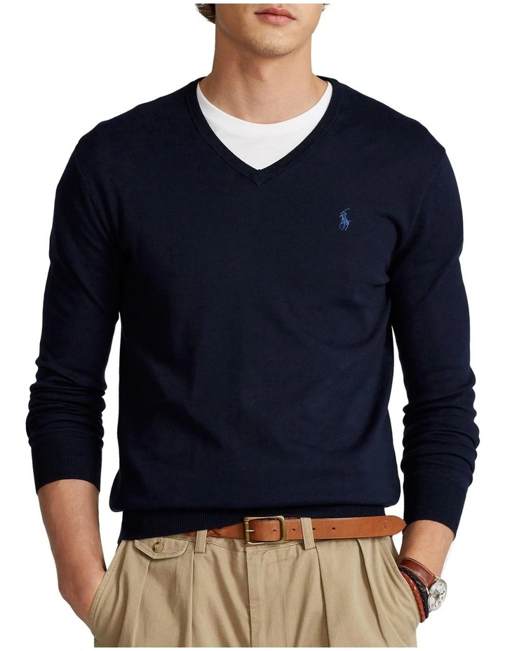 Polo Ralph Lauren Slim Fit Cotton V-Neck Sweater in Navy MYER