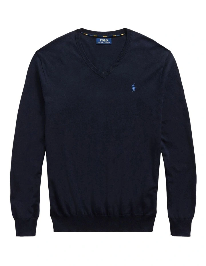 Slim Fit Cotton V-Neck Sweater in Navy image 4