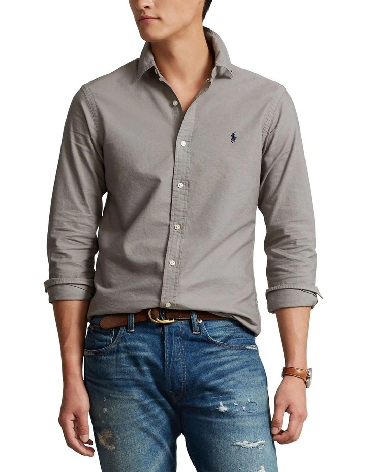 Classic Fit Garment-Dyed Oxford Shirt in Grey image 1