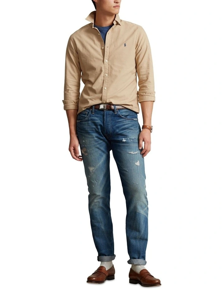 Classic Fit Garment-Dyed Oxford Shirt in Beige image 3