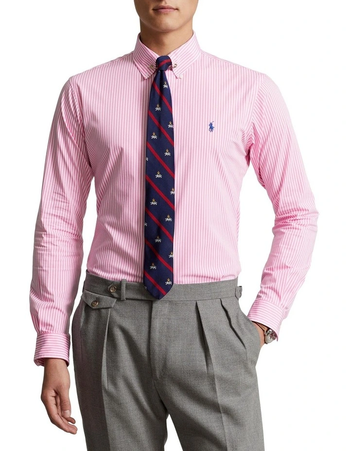 Slim Fit Striped Stretch Poplin Shirt in Pink image 1