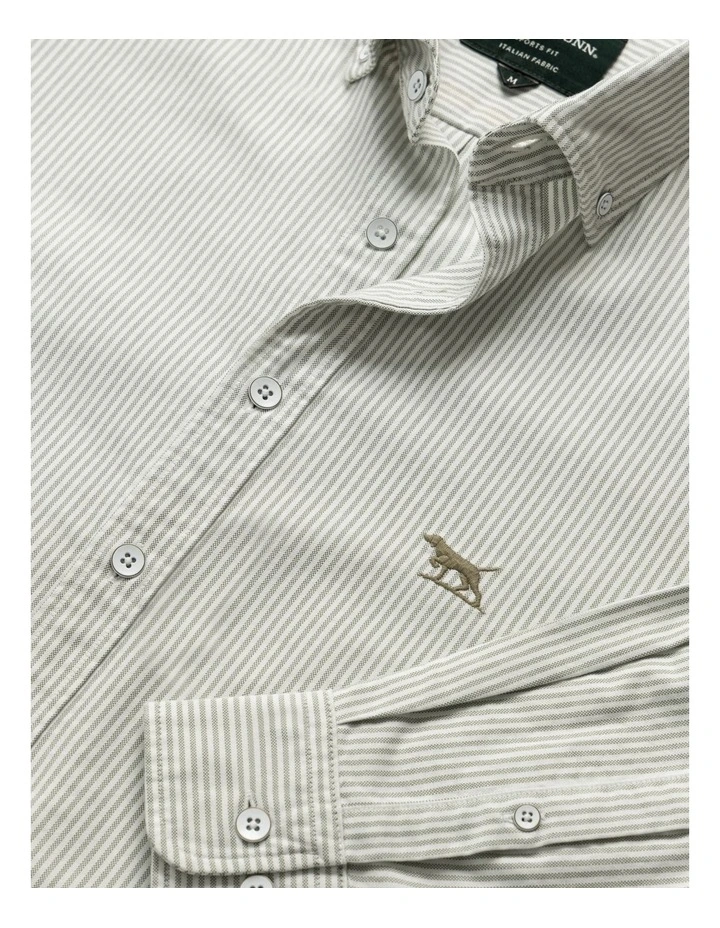 Gunn Oxford Stripe Long Sleeve Sports Fit Shirt in Khaki image 5