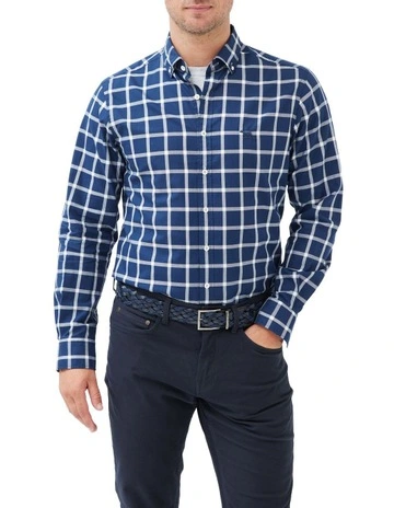 Gunn Check Oxford 4 Long Sleeve Sports Fit Shirt in Navy'