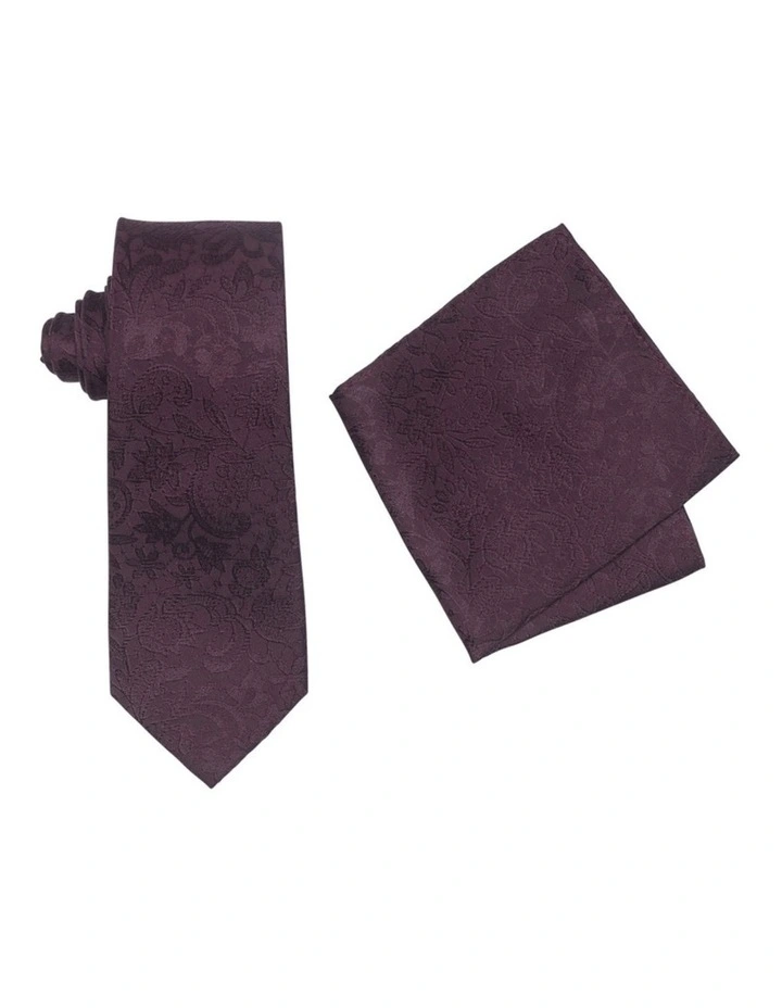 Paisley Print Silk Tie & Hank Set in Burgundy image 2