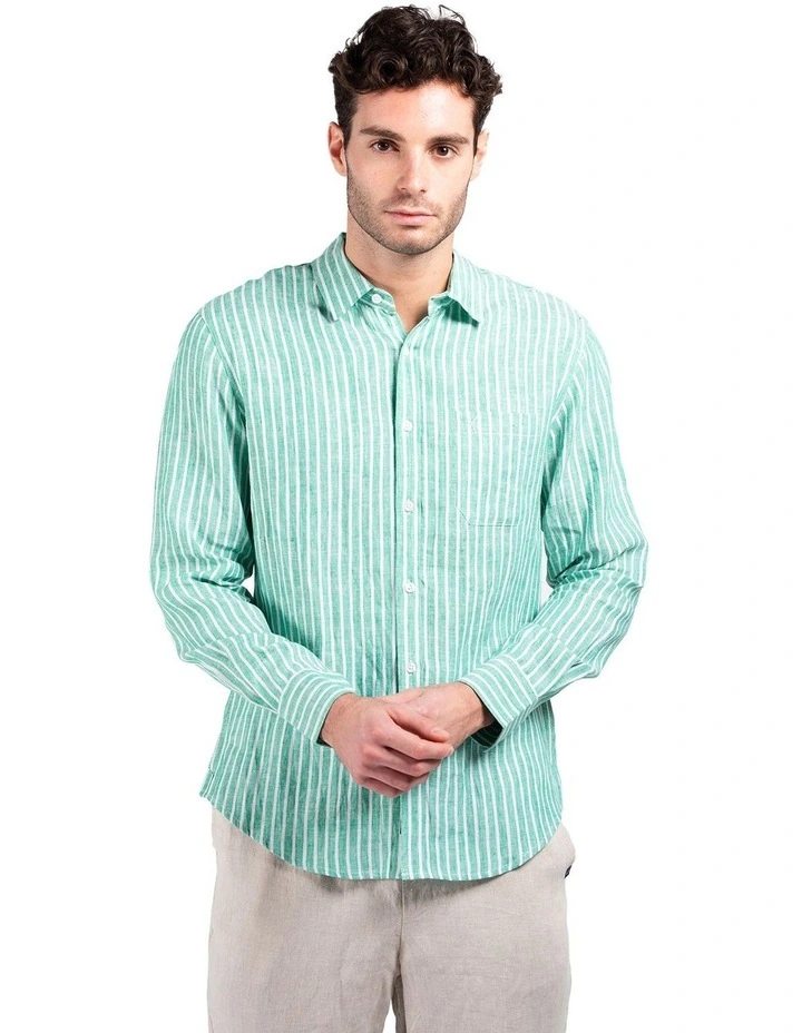 Long Sleeve Stripe Linen Shirt in Green image 1