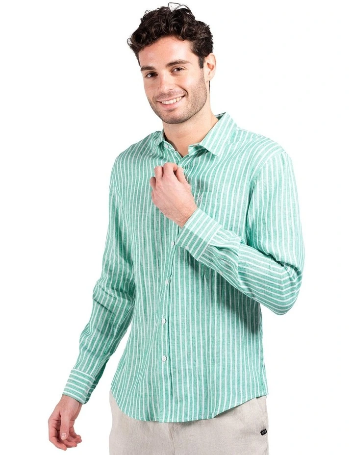 Long Sleeve Stripe Linen Shirt in Green image 2