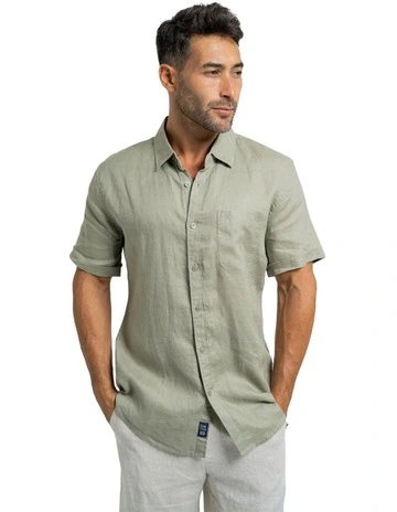Short Sleeve Linen Shirt in Cedar Green