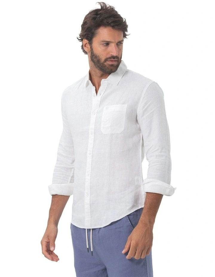 Long Sleeve Linen Shirt in White image 3