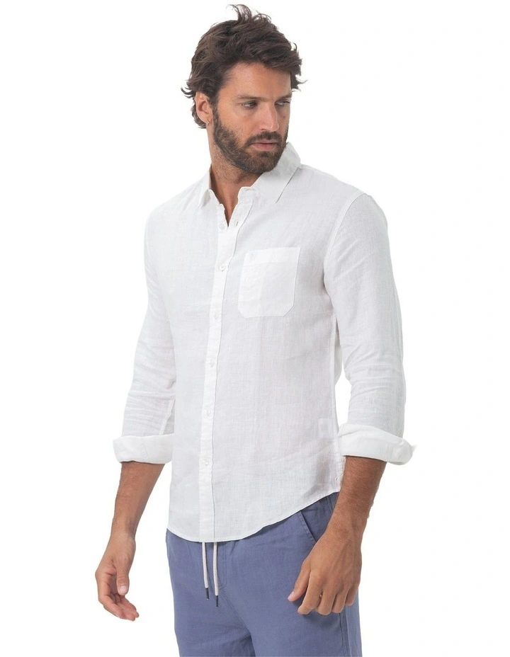 Long Sleeve Linen Shirt in White image 3