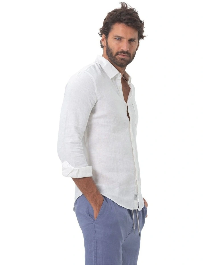 Long Sleeve Linen Shirt in White image 4