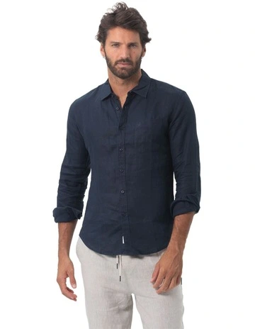 Long Sleeve Mens Linen Shirt in Navy