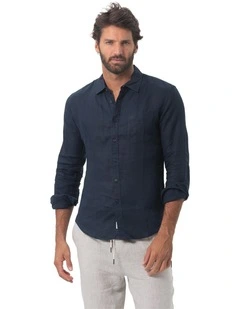 Long Sleeve Mens Linen Shirt in Navy