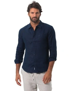 Long Sleeve Mens Linen Shirt in Navy